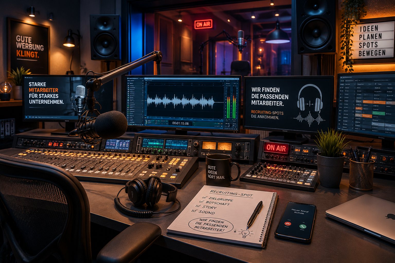 Blick in ein professionelles Radiostudio für Recruiting-Spots zur Personalgewinnung